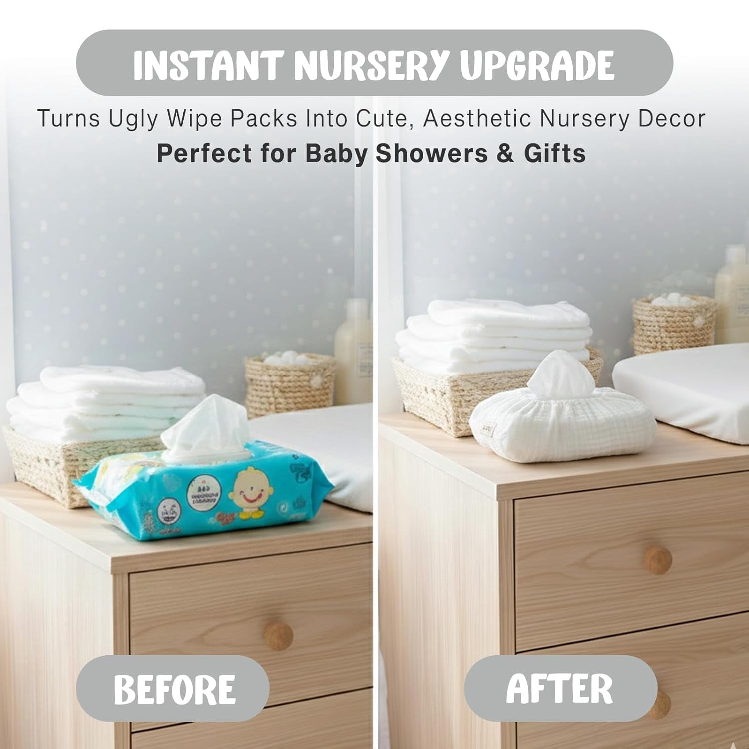 Baby Wipes Cover – Universal Size, One Size Fits All Wipes Packages | Muslin Cotton Tissue Cover for Nursery, Diaper Bag & Changing Table, Station | Gingham & Neutral Patterns (Cream)