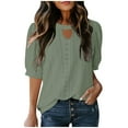 thumbnail image 2 of Tops for Women Short Sleeve Eyelet Embroidery Hollow Out Round-Neck Solid Color T-shirt Army Green M, 2 of 6