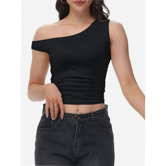 Women One Shoulder Ruched Crop Tank Tops Casual Off The Shoulder Twist Strap Summer Tanks Tops Going Out Crop Shirts