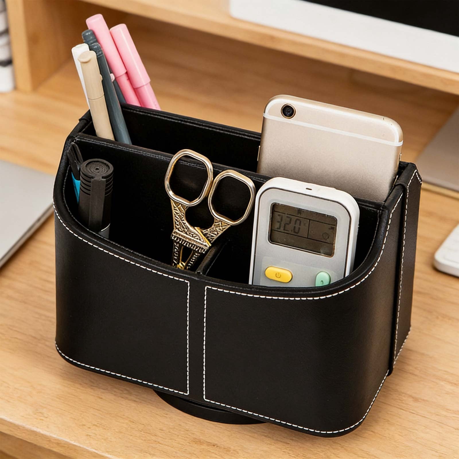 Leodye 1PCS Rotating Leather Desk Organizer, Multi-functional Pen and Remote Holder, Desktop Storage Box for Home office Desk Accessories -7.48*6.1*5.31in