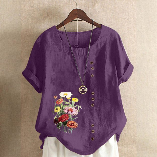 ICHUANYI Clearance Women's Summer Casual Round Neck Short Sleeve Flower Printing Loose Shirt Tops(Purple, S) ICHUANYI WER2023081013528