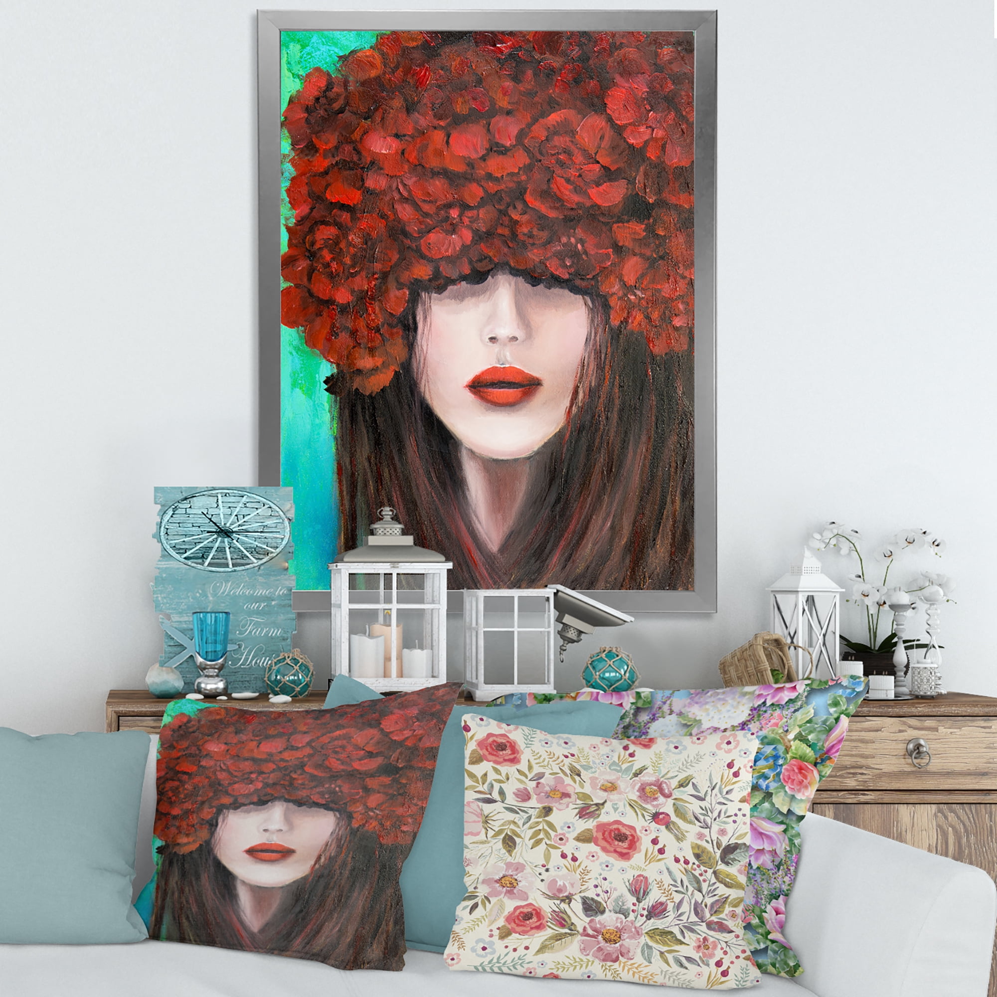 Designart 'Portrait Of A Young Lady With Red Flowers' Modern Framed Art Print