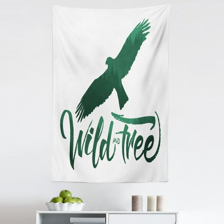 Green and White Tapestry Wild and Free Words with Eagle Brush Lettering Fabric Wall Hanging Decor for Bedroom Living Room Dorm 5 Sizes Forest