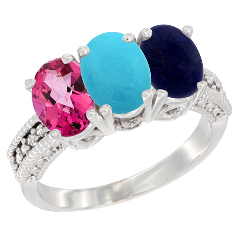 14K White Gold Natural Pink Topaz, Turquoise & Lapis Ring 3-Stone 7x5 mm Oval Diamond Accent, sizes 5 10 by WorldJewels