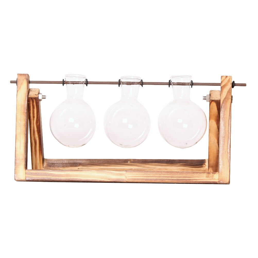 Etereauty Desktop Glass Planter Bulb Vase with Classic Solid Wooden