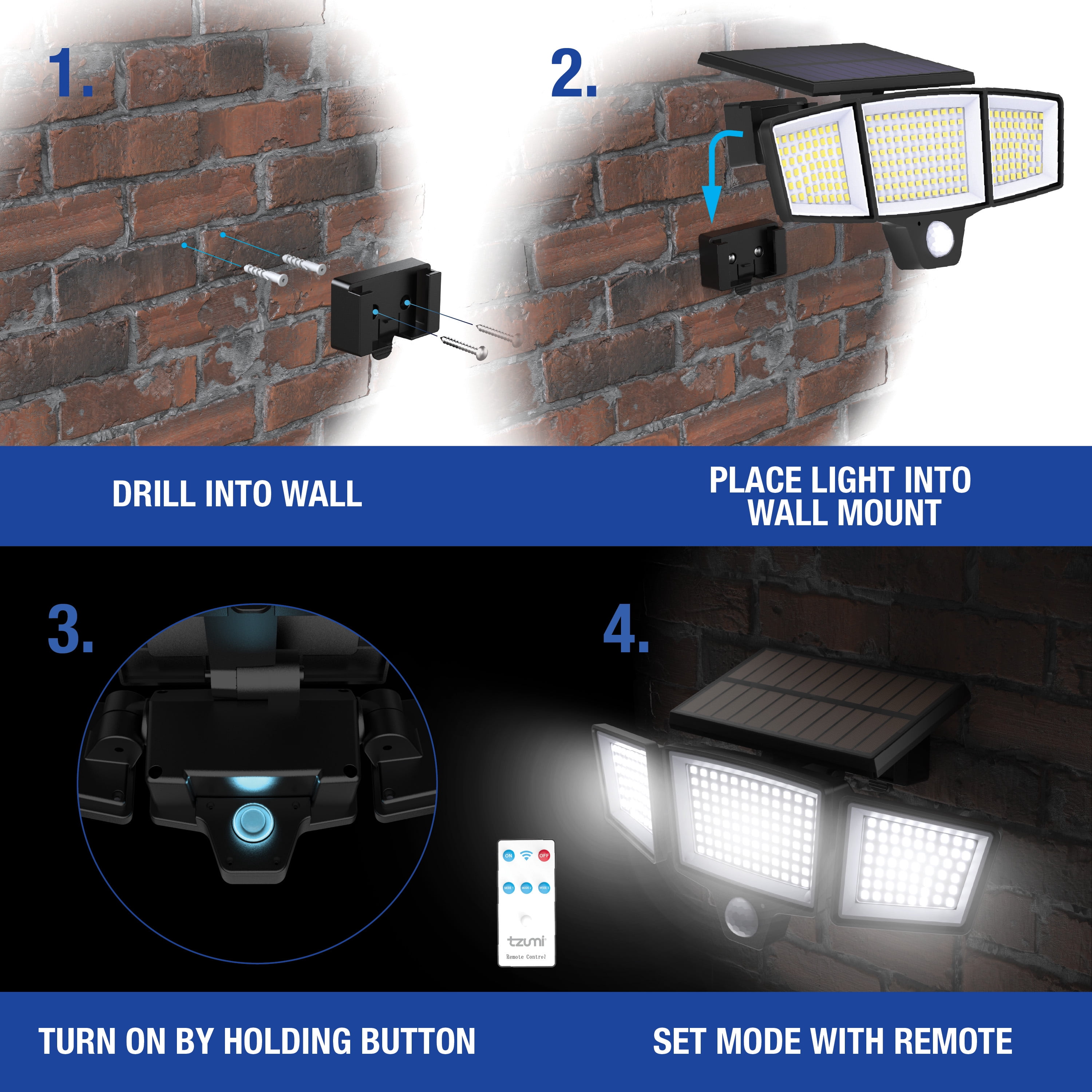 Tzumi Solar Lights Motion Sensor Outdoor Flood Lights with Wireless Remote, 3 Adjustable Lighting Modes, Waterproof, 2-Pack
