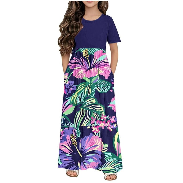 DecSea Robe Évasée Florale pour Filles Manches Courtes avec Poches, Tenue Décontractée Vacances/quotidien