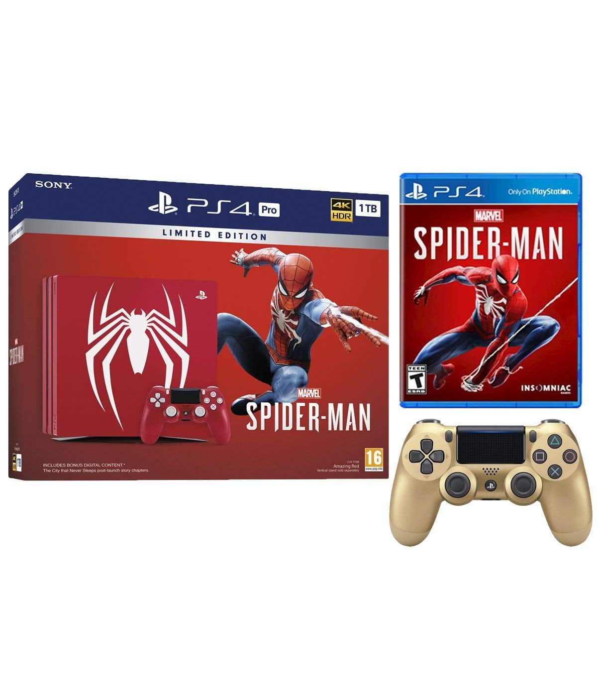 PlayStation 4 Marvel\'s Edition Amazing Red 1TB Console and Extra Gold Dualshock Wireless Controller Bundle - Walmart.com