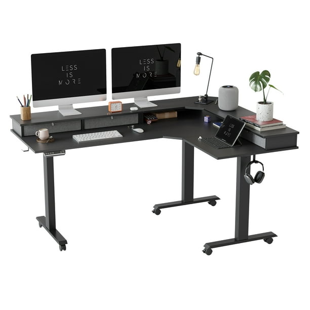 FEZIBO Triple Motor L Shaped Standing Desk with Three Drawers, 63