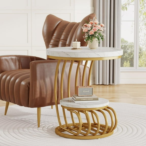 Finmind 2-Tier Round End Table, Modern Side Accent Table with Arc-Shaped Frame, White & Gold