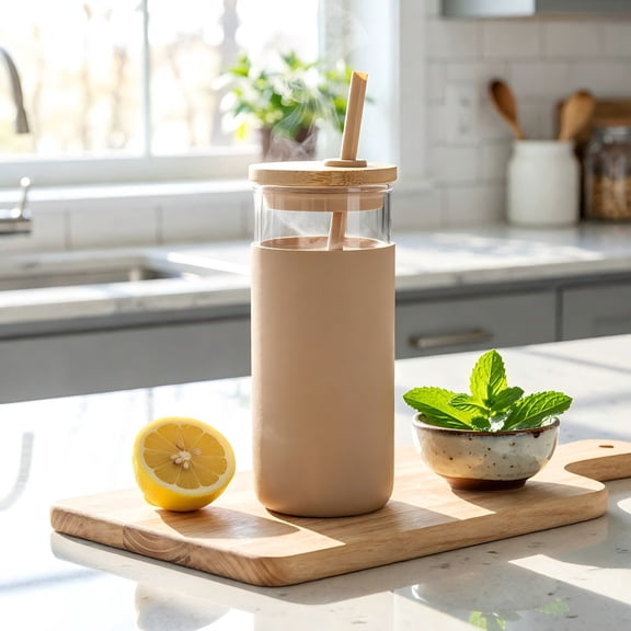 Shihaoyuan Glass Water Bottle with Bamboo Lid - Glass Tumbler with Straw and Lid for Hot and Cold Drinks