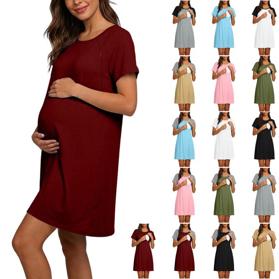 HVOBTTY Maternity's Dress Crew Neck Short Sleeve Nursing Solid Color Breathable Casual Daily Wear