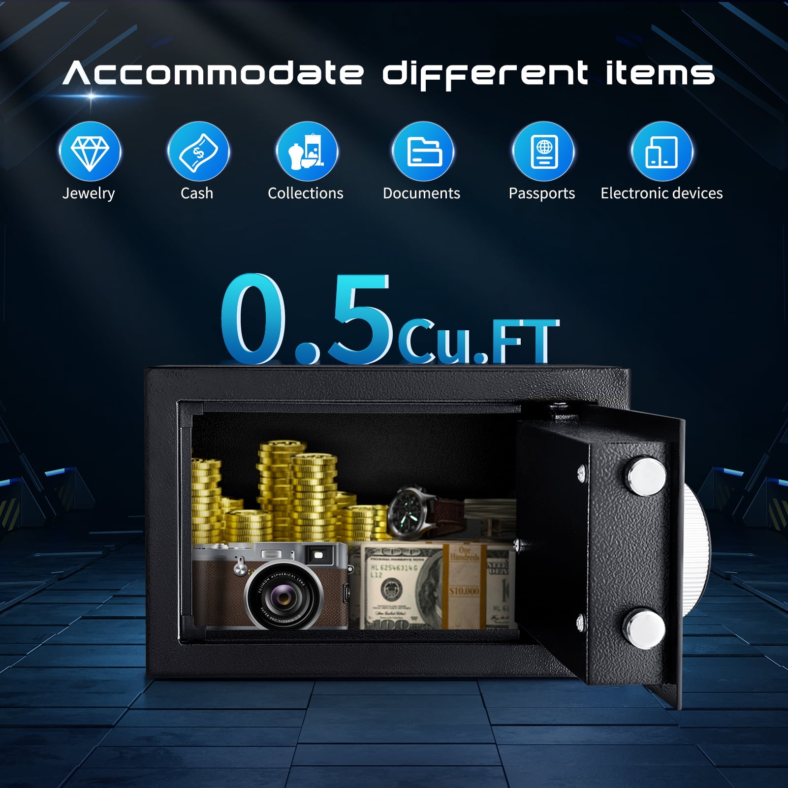 SRWTRCHRY 0.44 Cu.ft. Safes,Fire and Water Resistant Safe Box with Digital Keypad and Alarm System,H 7.87"