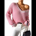 thumbnail image 2 of Suéter Holgado de Punto A Rayas de Larga para Mujer, Estilo Preppy, para Otoño e Invierno, con Cuello en V Rosa S, 2 of 10