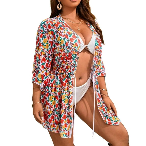 All Over Print 3/4 Sleeve Multicolor Plus Size Kimonos (Women's Plus)