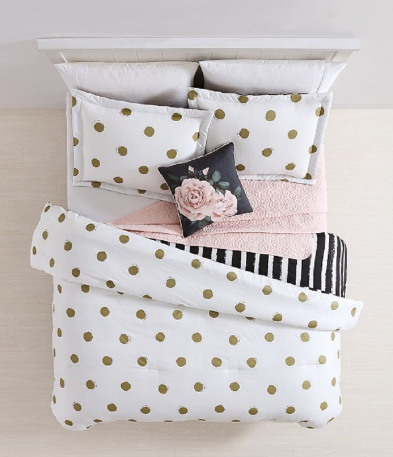 Emma Gold White Blush With Quilted Throw Comforter Set - Gold Polka Dot Bedding Queen Emma Gold White Blush With Quilted Throw Comforter Set - Gold Polka Dot Bedding Queen