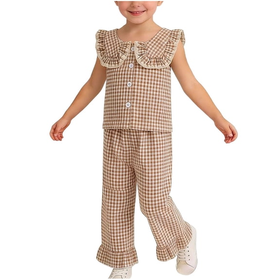 zbxnLI Baby Girls Summer 2 Piece Outfits Ruffle Sleeve Button up Shirts Tops Plaid Wide Leg Pants Spring Toddler Girl Clothing