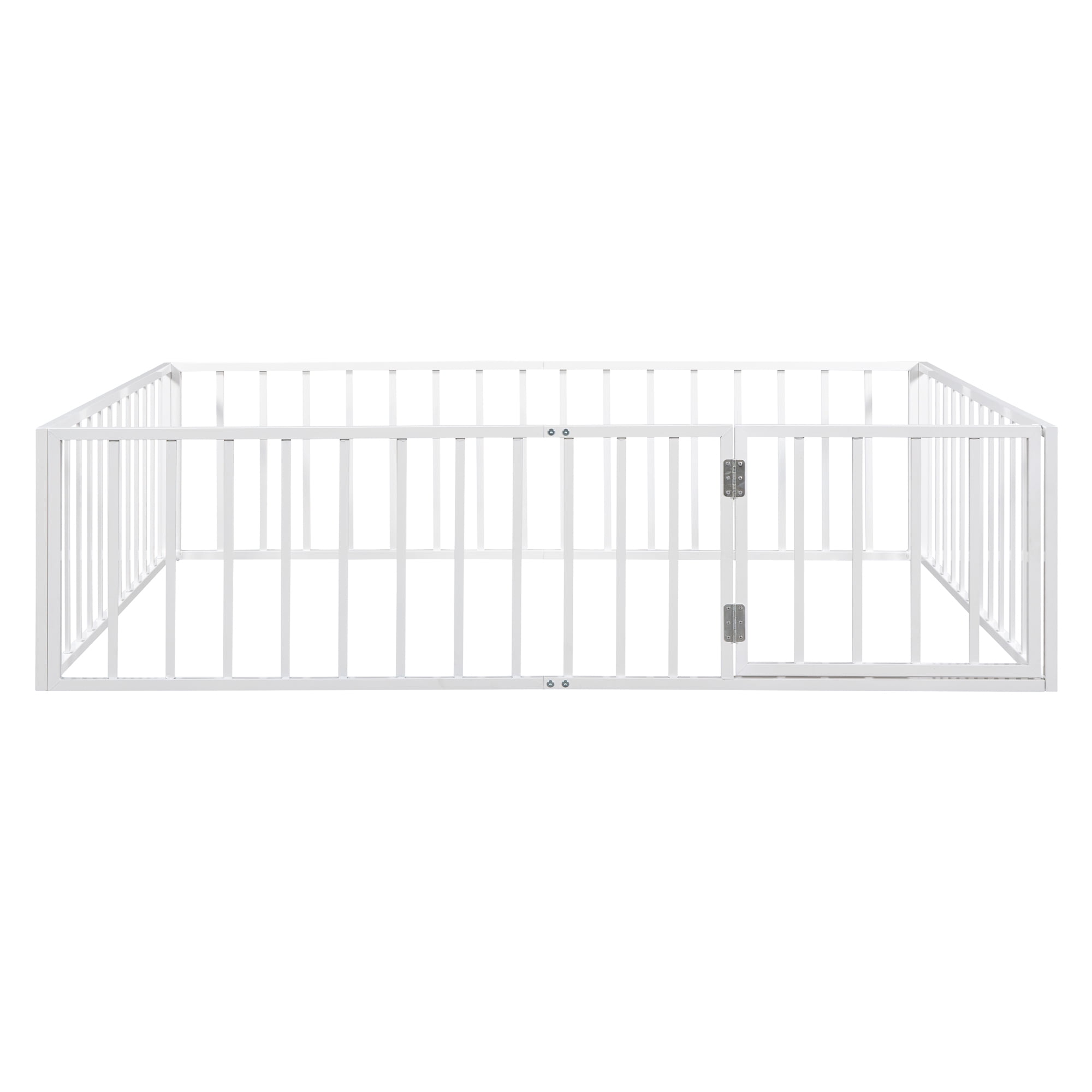 Queen Size Floor Bed with Fence and Door, Low Profile Metal Montessori Bed Frame with Slats Supports,Easy Assembly, No Box Spring Needed,White