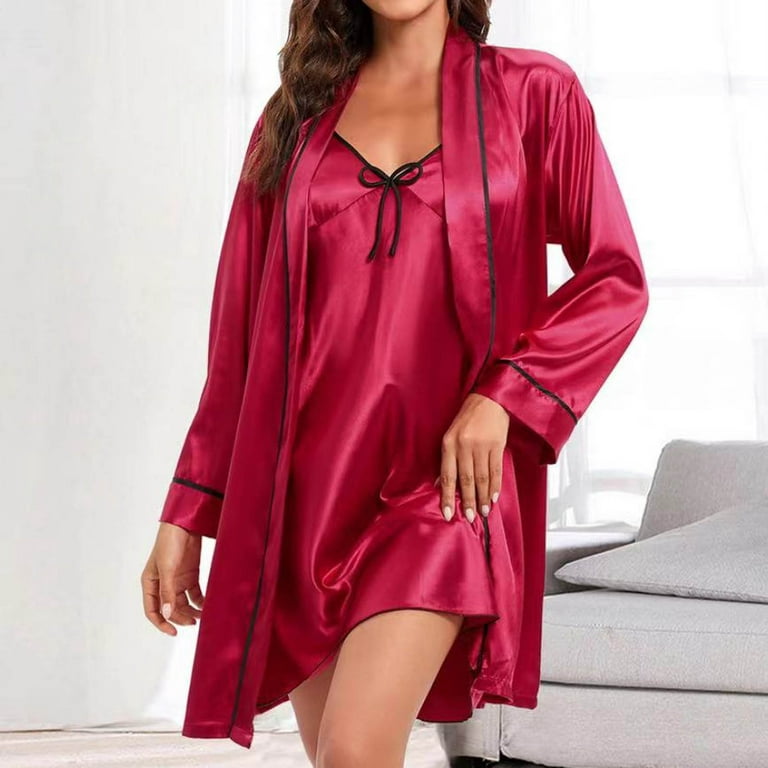Sports Bra Women Two Piece Lingerie Set Silk Satin Plain Temptation  Underwear Sleepwear Camisole Nightdress + Nightgown Robe Suit Red Lingerie  for