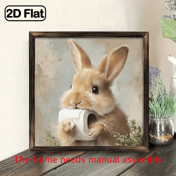 1pc Funny Cute Bunny Holding Toilet Frame Wooden Sign Rustic Animal Theme Wall Hanging Rustic Style Wall Decor for Bathroom, Living Room, Bedroom, Farmhouse, Painting Art Decorative Sign 8x8 Inch,