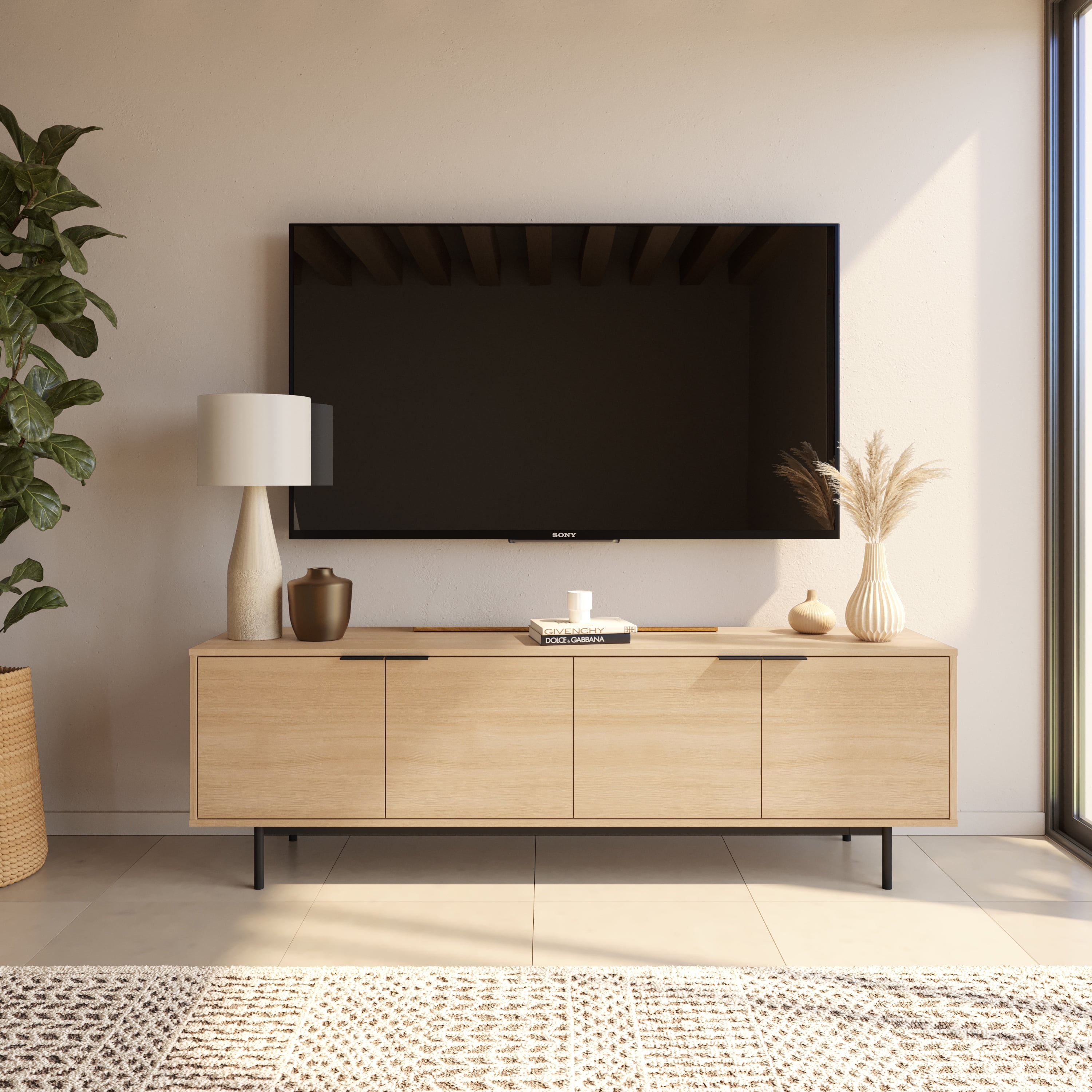 Nexera Hamilton 70 inch TV Stand with 4 Storage Cabinets, Natural Blonde Oak