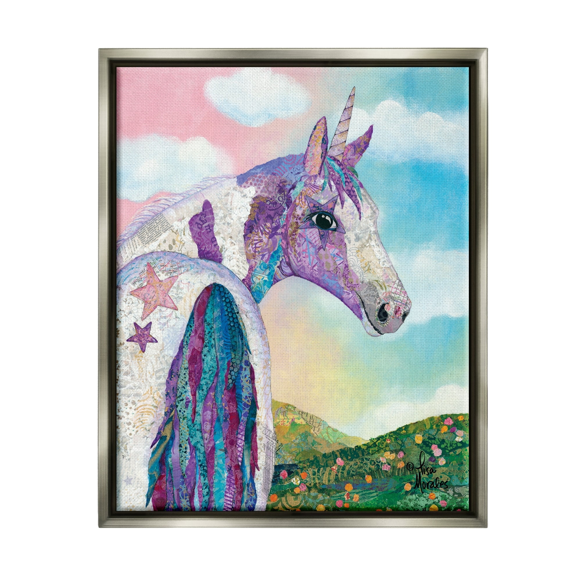 Stupell Industries Starry Eyed Unicorn Floral Fantasy Meadow Collage Painting Luster Gray Floating Framed Canvas Print Wall Art, Design by Lisa Morales