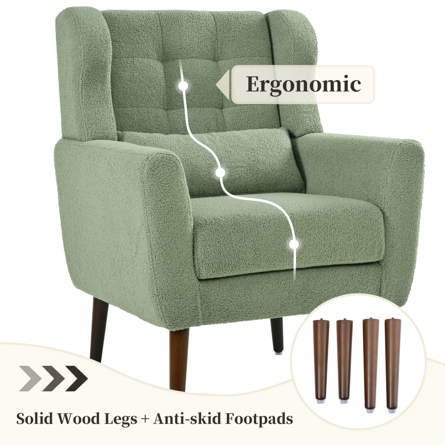 Modern Chenille Accent Chair with Pillow, Upholstered Armchair with Solid Wood Legs, Ergonomic Lounge Chair for Living Room, Bedroom, Reading Room, Small Space, Light Green