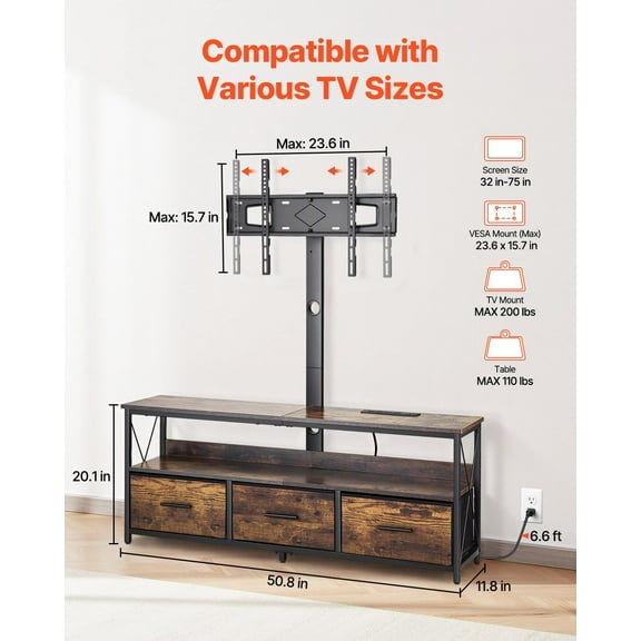 Modern 52" TV Stand with Mount for 75" TVs, Adjustable Height, Power Outlet, LED Lights & 3 Drawers - Brown