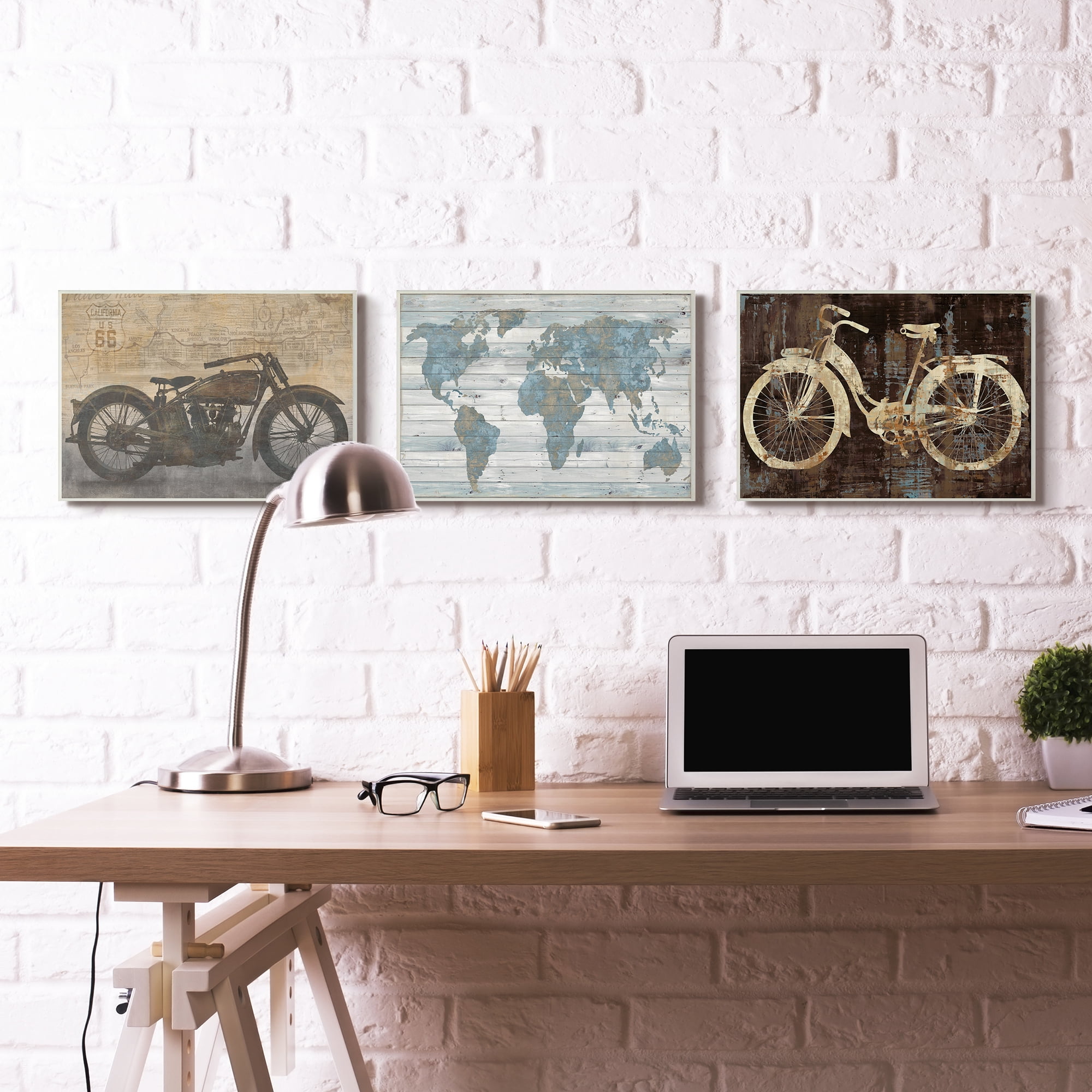 The Stupell Home Decor Collection Tan and Black Sepia Motorcycle with Faded Road Map Texture Stretched Canvas Wall Art, 16 x 1.5 x 20