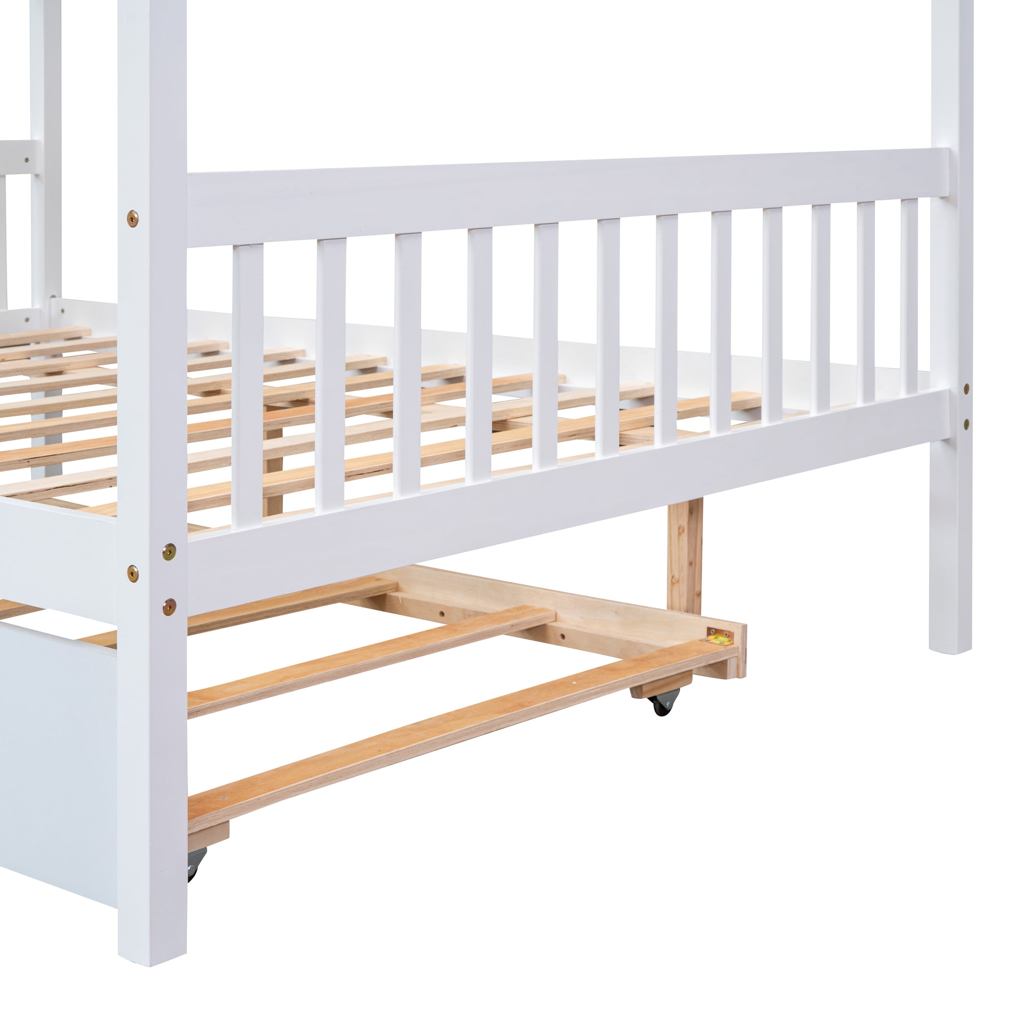 Bellemave Full Size House Bed with Trundle, Wood Platform Bed Frame with House Shape Roof for Teens (White)
