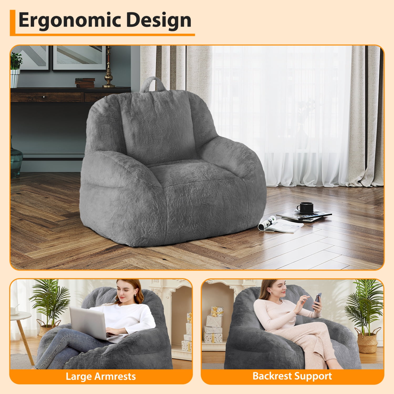 COZONY Large Bean Bag Sofa Chair for Adults and Teens with Filling, Cozy Seating for Living Room, Basement, Game Room,Dark gray