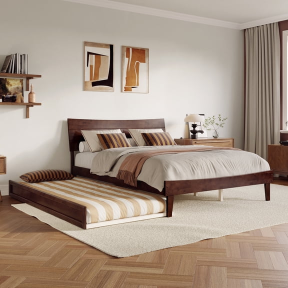 Phoenix Queen Solid Wood Platform Bed with Twin XL Trundle in Walnut