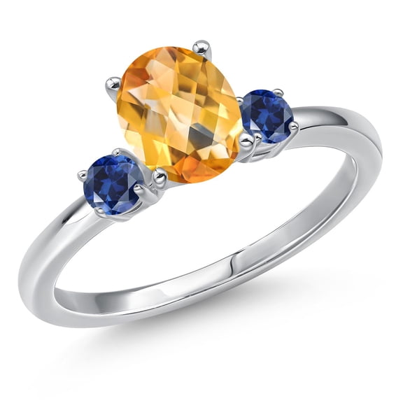 Gem Stone King 14K White Gold Yellow Citrine and Blue Created Sapphire Engagement Ring for Women | 1.53 Cttw | Oval Checkerboard 8X6MM | Gemstone November Birthstone | Size 5