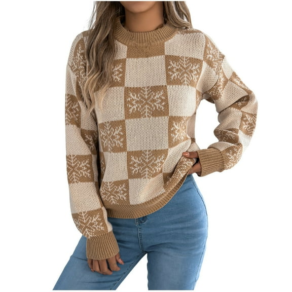 Tnhcen Women's Christmas Plaid Sweater Soft Acrylic Knit Top Loose Fit Turtleneck Pullover Holiday Snowflake Pattern Long Sleeve Warm Wear Cozy Winter Comfort S-L
