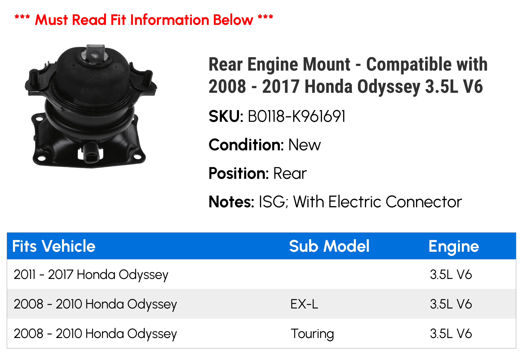 Rear Engine Mount - Compatible with 2008 - 2017 Honda Odyssey 3.5L V6 2009 2010 2011 2012 2013 2014 2015 2016