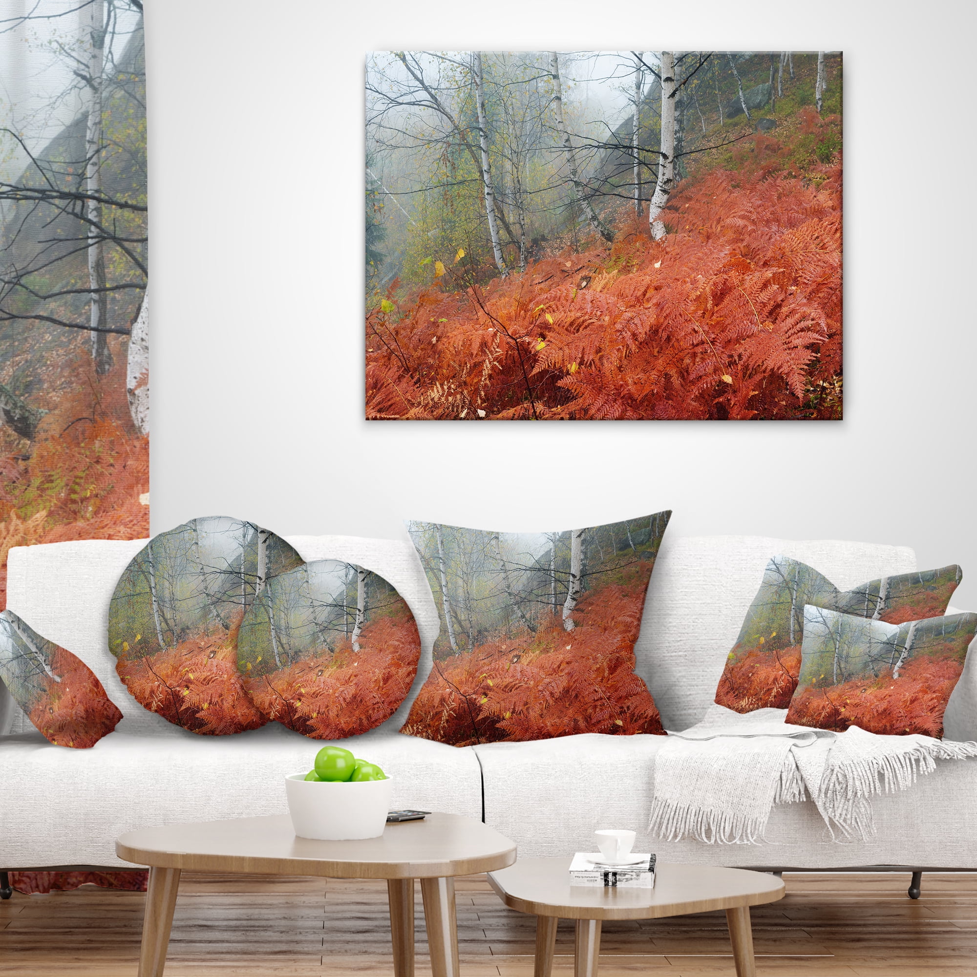 Designart Red Fern in Foggy Fall Fay - Landscape Photo Throw Pillow - 16x16