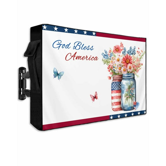 Outdoor TV Cover 40 to 43 Inch Weatherproof, Independence Day Spring Floral US Flag Farmhouse 600D Oxford TV Covers with Waterproof Zipper, Outside Flat TV Screen Protector 40"Wx25"Hx4.5"D