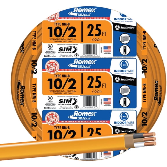 Southwire 28829021 25' 10/2  with ground Romex brand SIMpull residential indoor electrical wire type NM-B, Orange