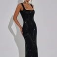 thumbnail image 6 of Womens Sparkling Rhinestones Sequins Accent Long Dress Slimming Sleeveless Square Neck Open Back Bodycon Cocktail Gown, 6 of 9