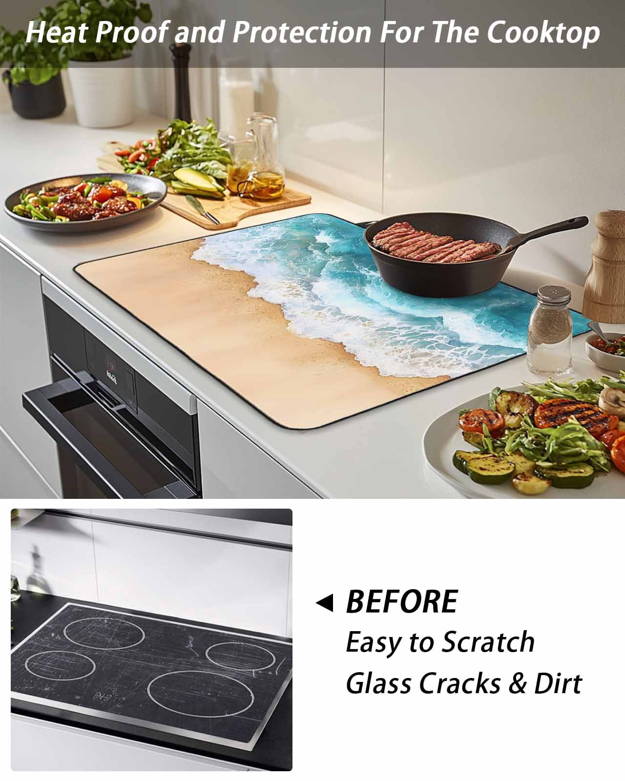 Stove Top Covers for Electric Stove 24x21 Inches, Teal Ocean Waves Heat Insulation Fireproof Glass Cooktop Protector, Summer Beach Coastal Nautical Multipurpose Countertop Stovetop Cover for Kitchen