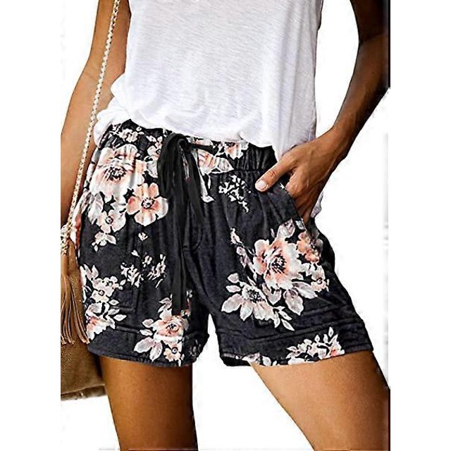 ZHAOCHENG Pantalones cortos casuales de algodón para mujer, con cordón ajustable, cintura elástica, pantalones cortos de verano, pantalones cortos ajustados XXL con flores