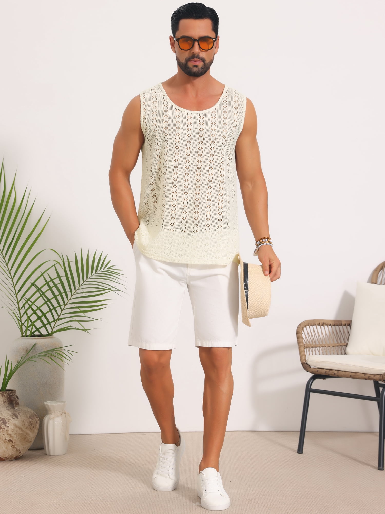 DARING DIVA Men's Lightweight Breathable Crew Neck Sleeveless Sheer Vest M Light Beige