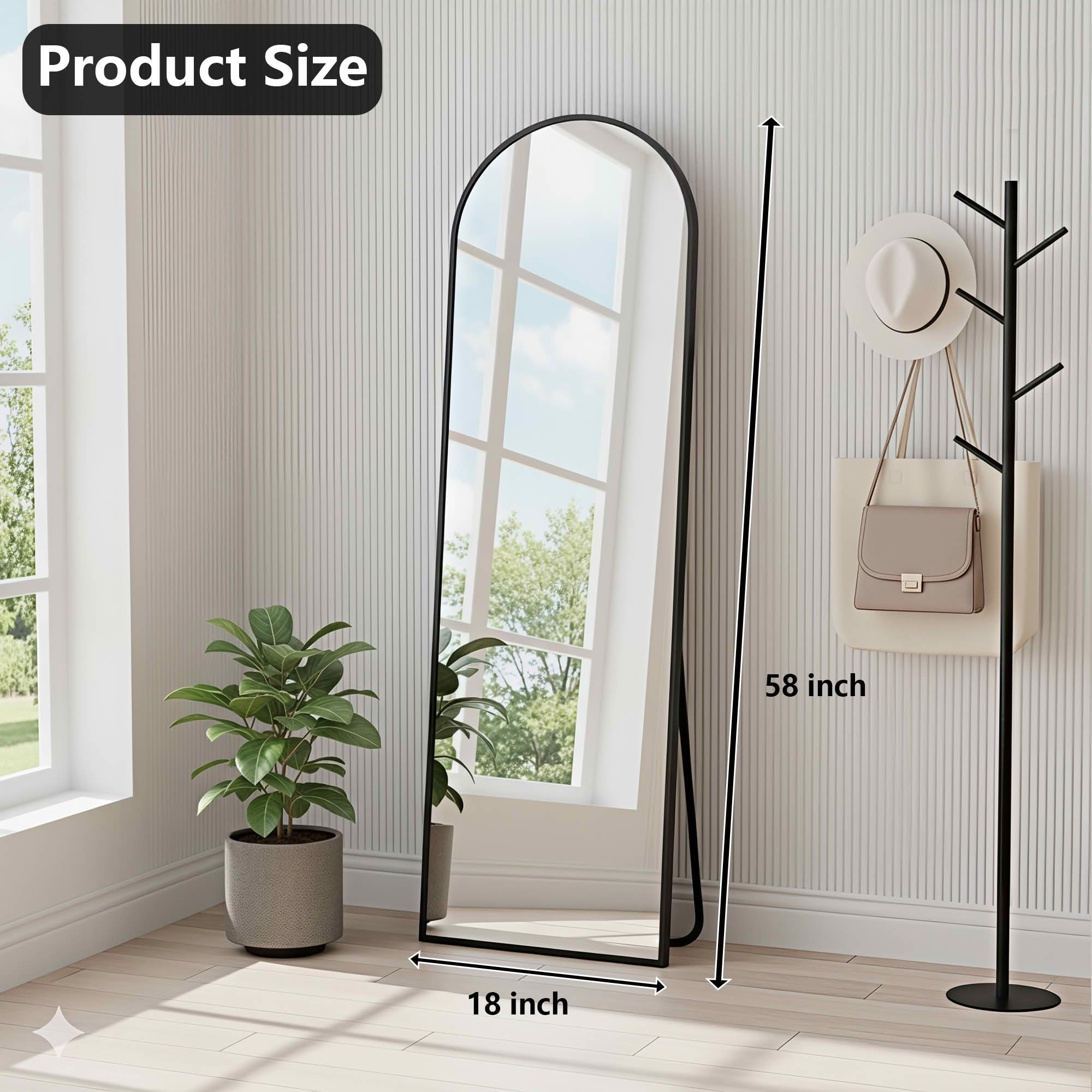 MAYEERTY 58"x18" Aluminum Arch Shape Full-Length Mirror, Tempered Glass With Stand, Black