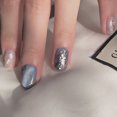 thumbnail image 2 of 24pcs Gray blue marble pattern short false nails round head press on nails with designs, 2 of 7