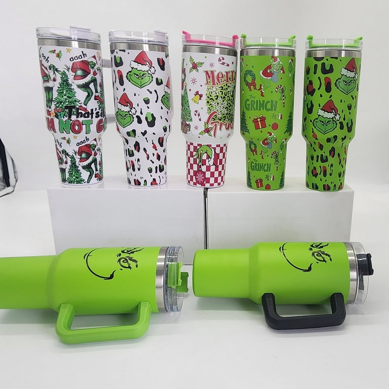 40 oz Tumbler with Handle and Lid, Grinch Tumbler, Grinch Tumbler Cup,  Insulated Tumblers, Stainless Steel Tumblers Cup with Grinch Pattern,  Grinch