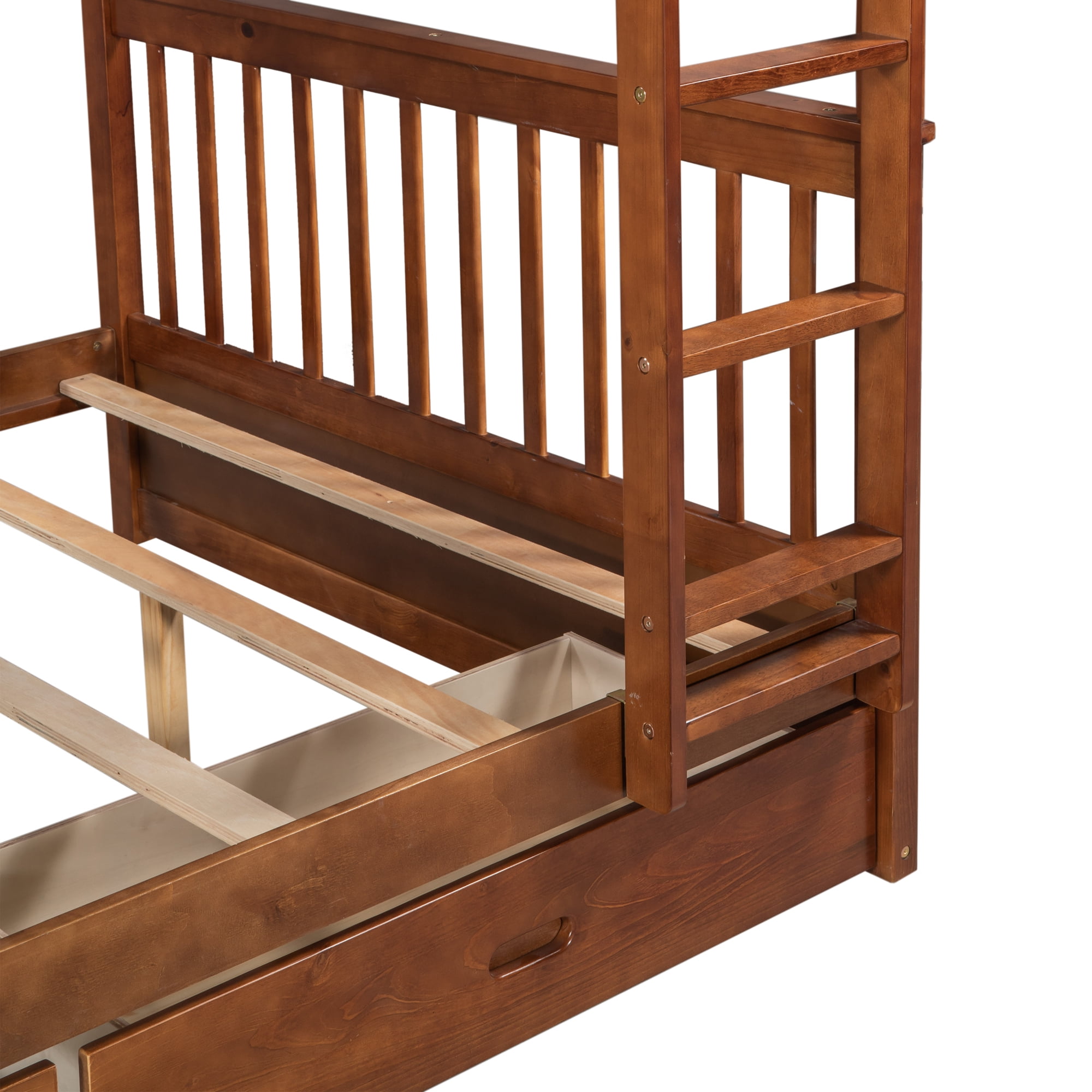 Aukfa Full over Full Bunk Bed with Two Storage Drawers, Wood Convertible Two Bed for Kids Teens - Walnut