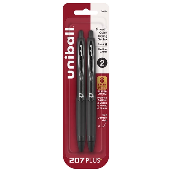 uniball 207 Plus Retractable Gel Pens, Medium Point, 0.7mm, Black Ink, 2 Count