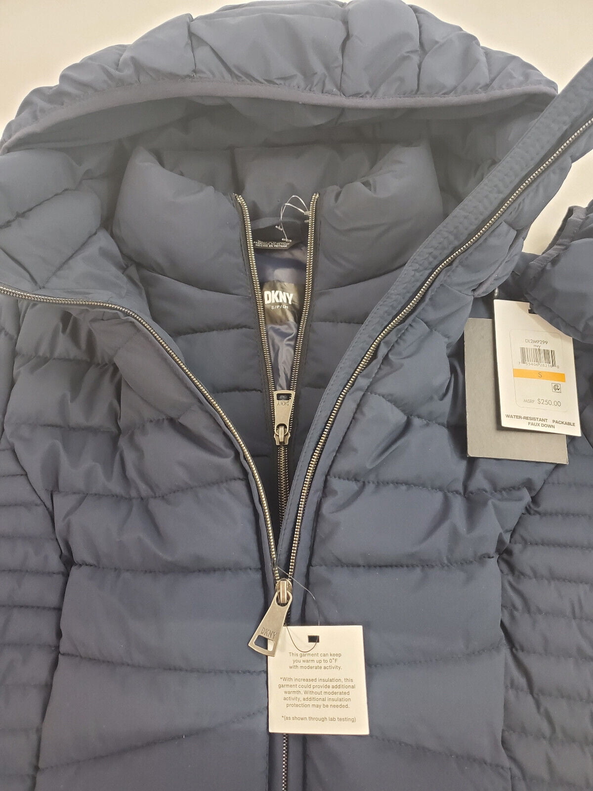 new DKNY women coat DL2MP299 navy water resistant faux down packable S $250