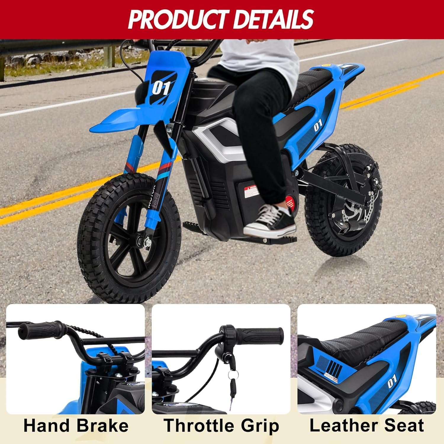 Rugerasy 24V Electric Dirt Bike,Ride on Motorcycle with Rear Wheel Suspension,12 Miles Range,Twist Grip Throttle,Rubber Tire,Birthday & Xmas Gifts,Blue