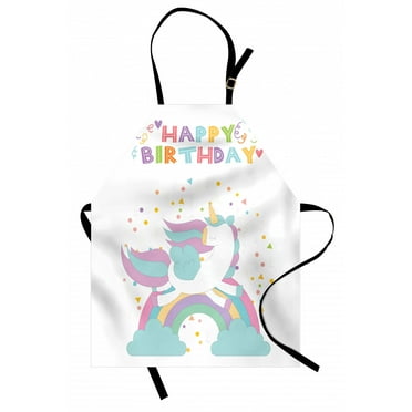 Unicorn Party Apron Mythical Horse Jumping Above the Rainbow Festive Happy Birthday Calligraphy, Unisex Kitchen Bib Apron with Adjustable Neck for Cooking Baking Gardening, Multicolor, by Ambesonne